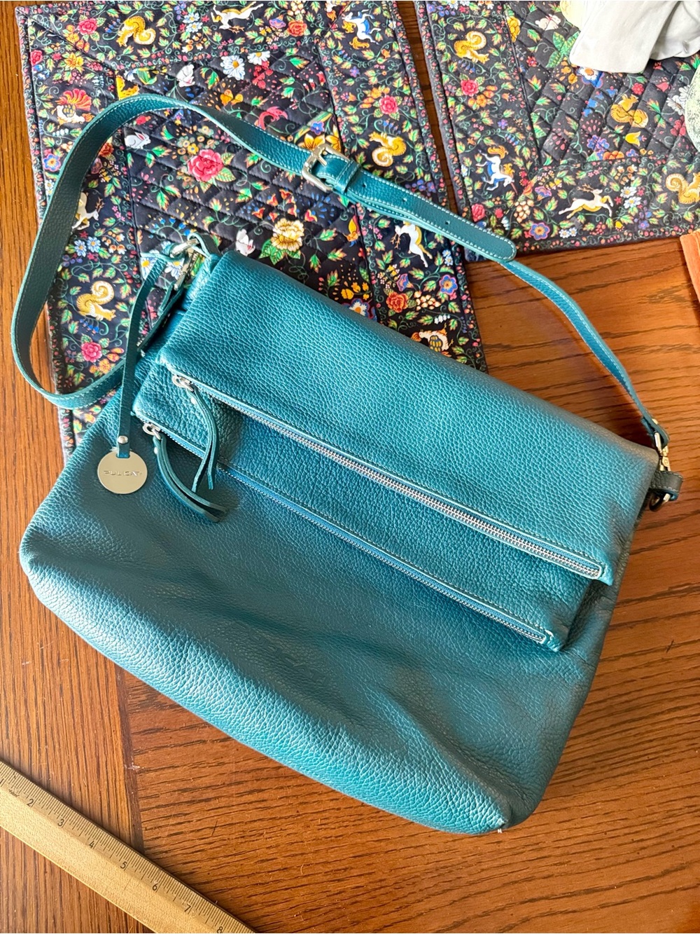 Pulicati Crossbody Handbag Teal Blue Leather Multi Compartment Double Flap Large